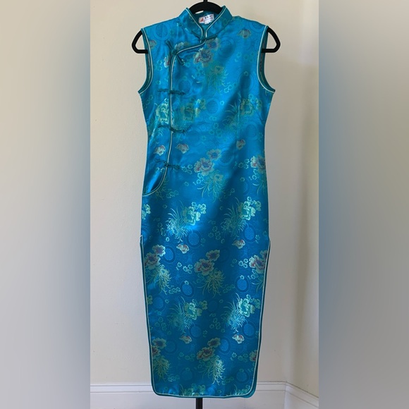 Vintage Qipao Cheongsam Blue Floral Sleeveless Dress Sz M - Picture 1 of 7